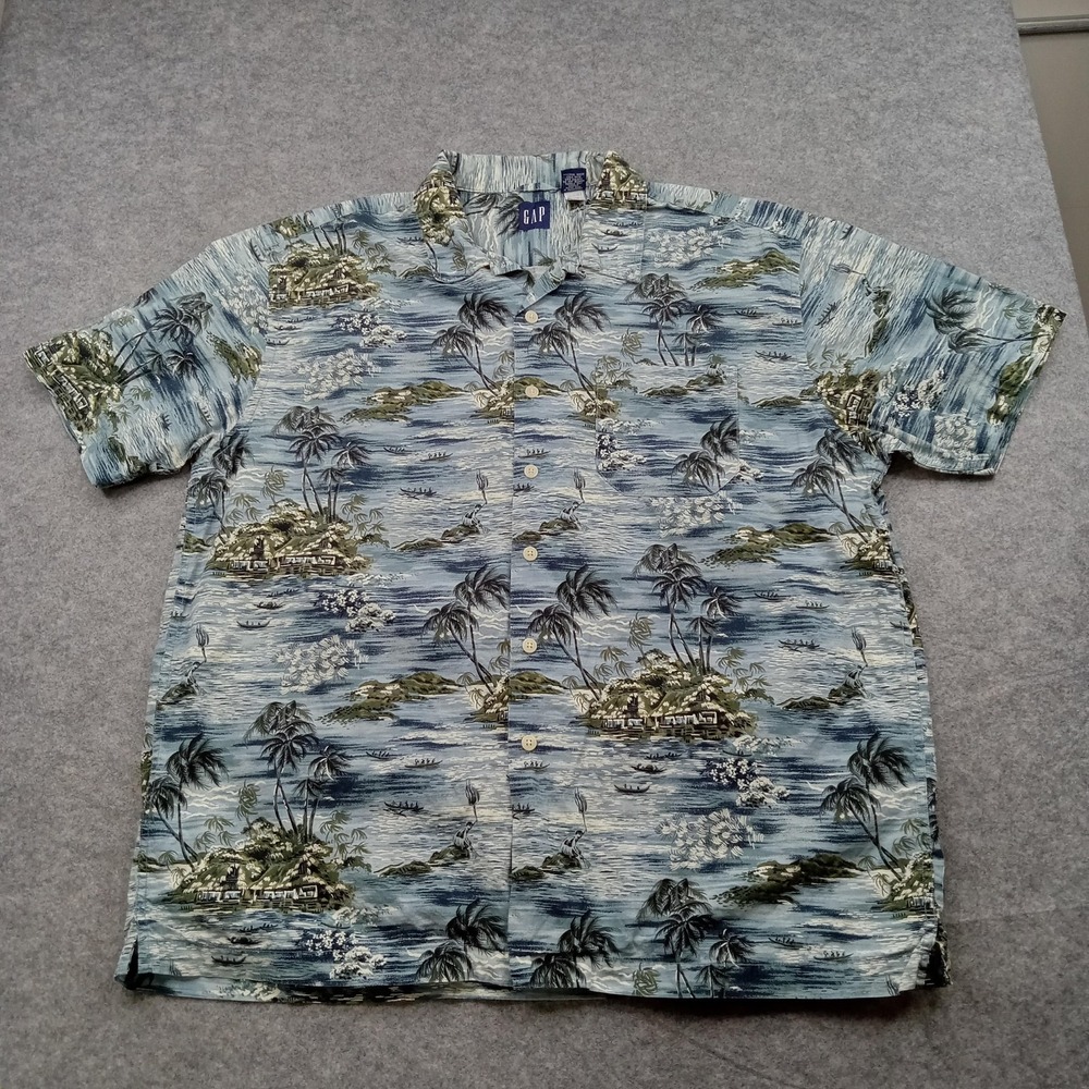 GAP Shirt Mens Large Blue Green Hawaiian Aloha‎ Camp Short Sleeve Button Front